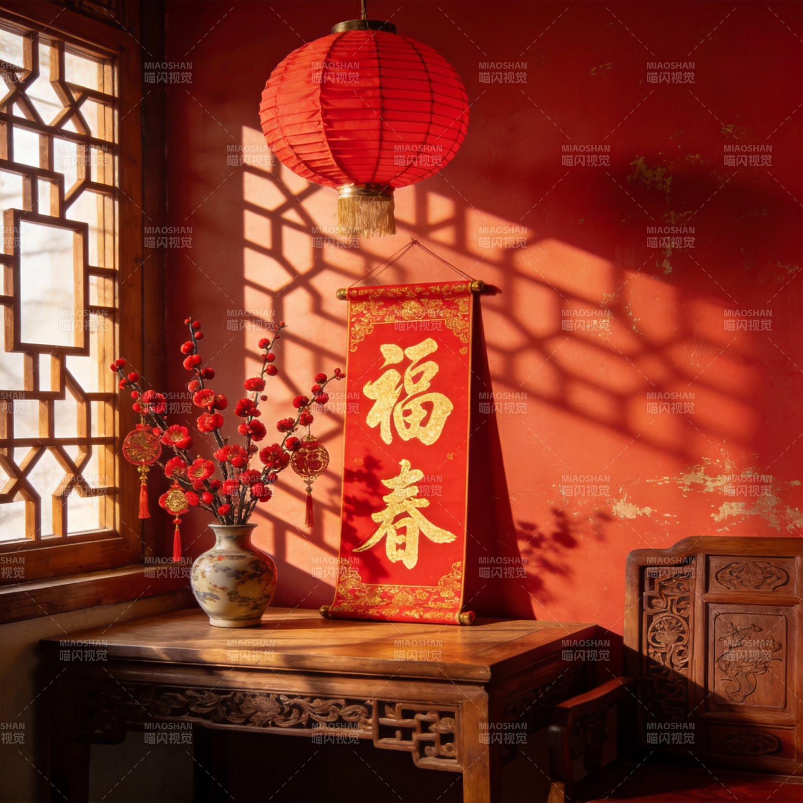 福春迎新 红灯映窗图片