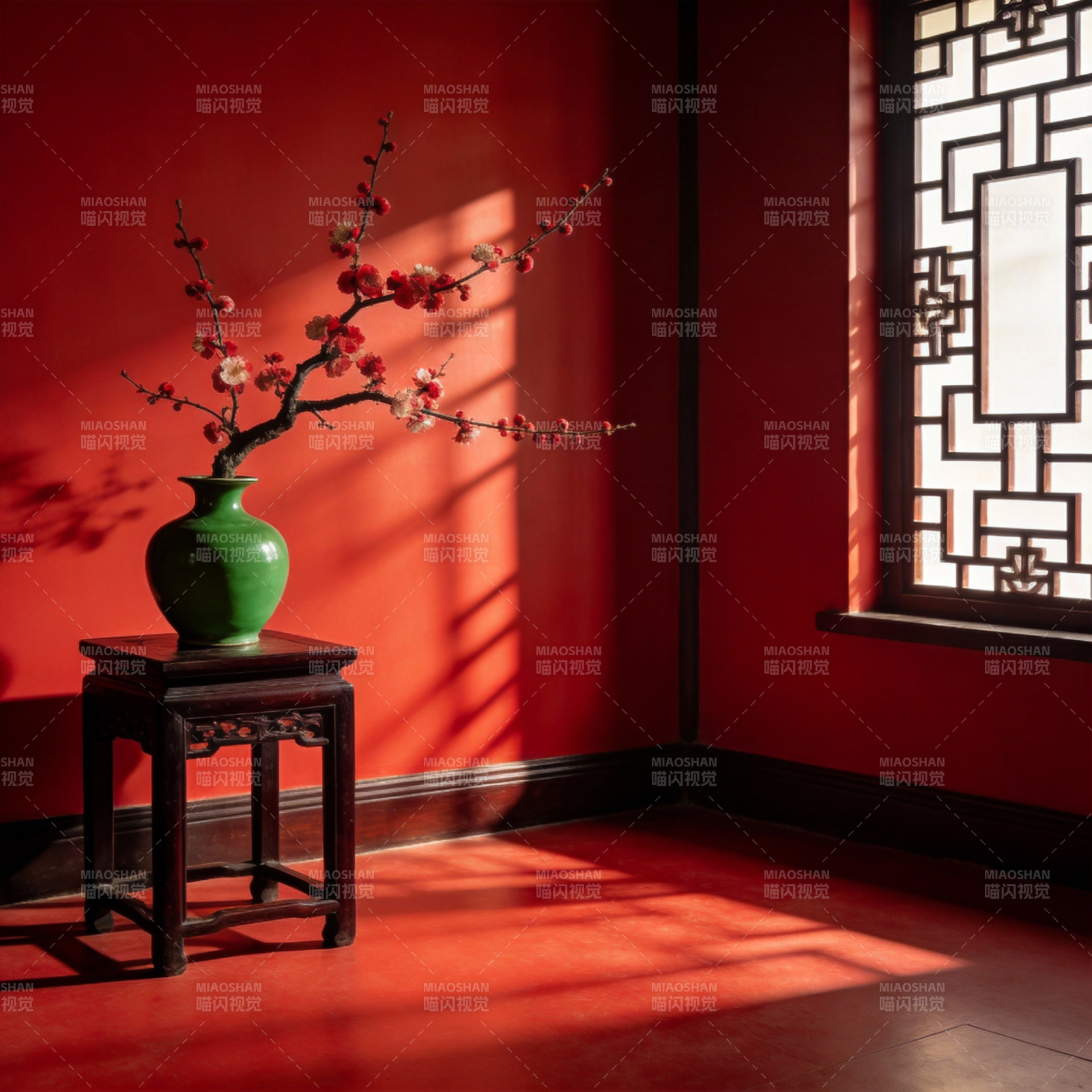 红墙梅影静谧景图片