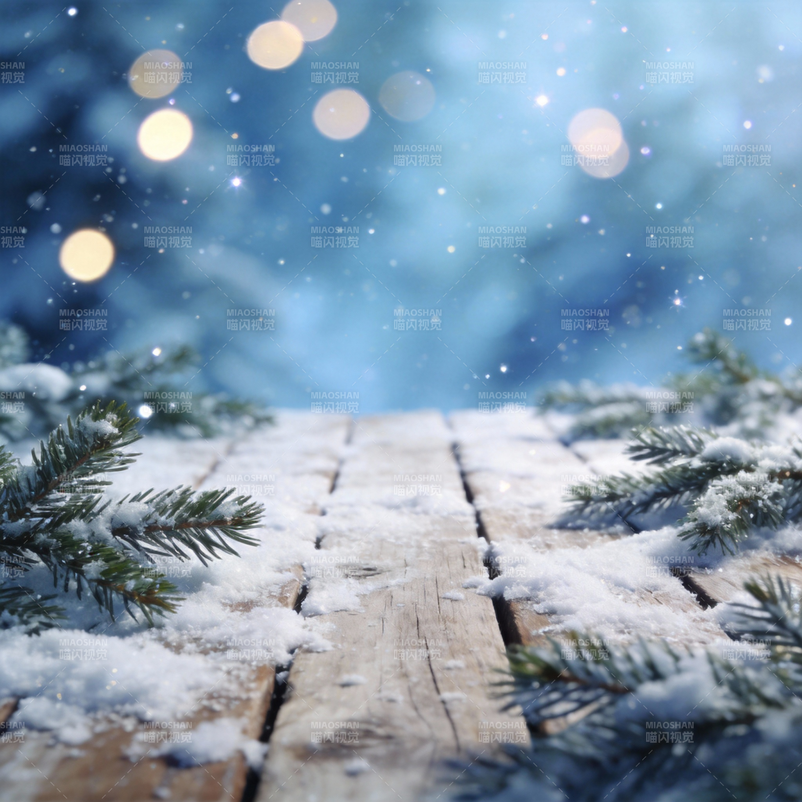 雪夜木桌静谧景图片