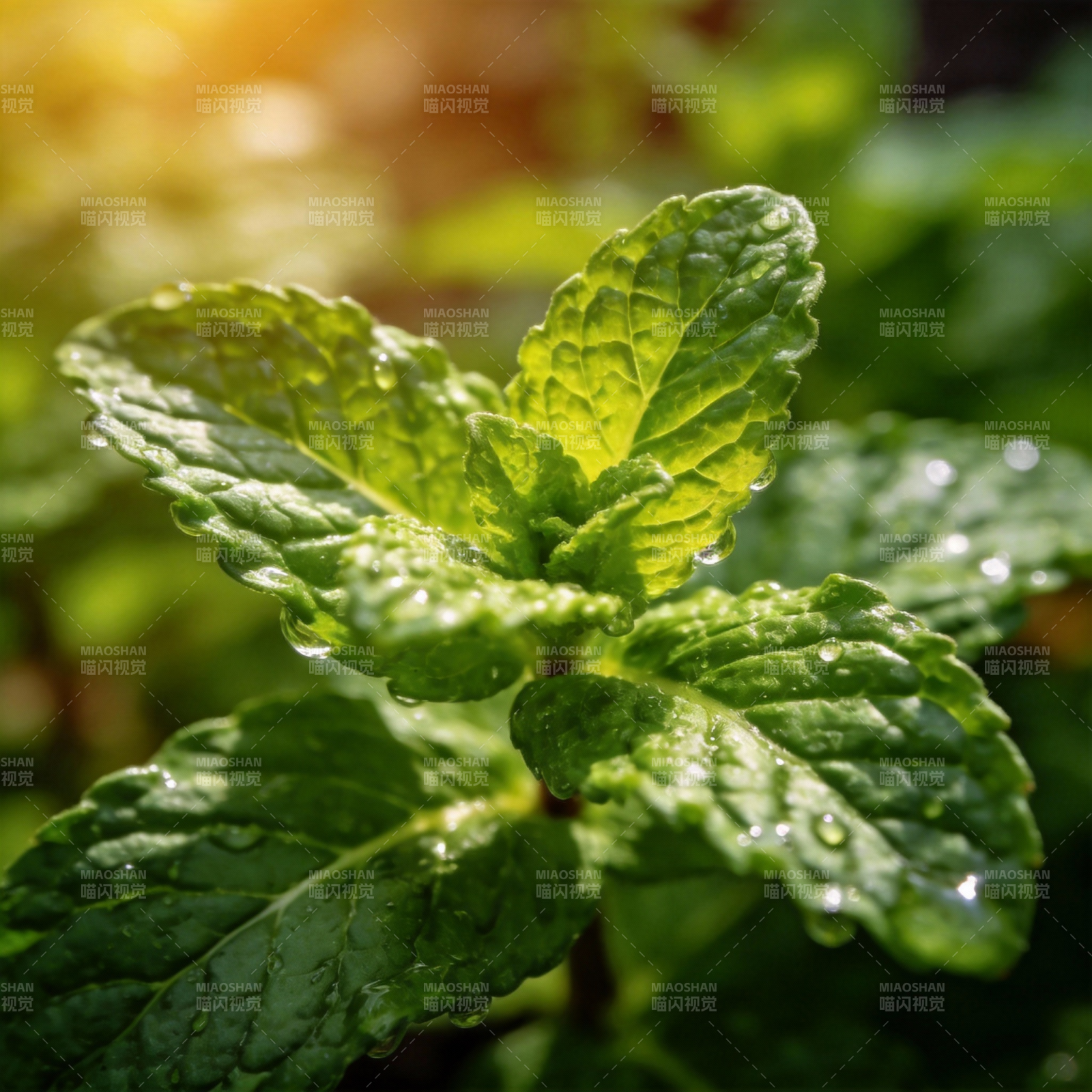 露珠点缀的薄荷叶图片