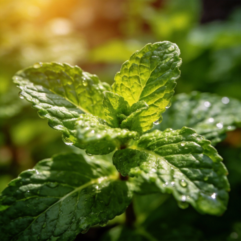 露珠点缀的薄荷叶图片