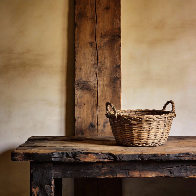 古朴木桌上的藤篮图片