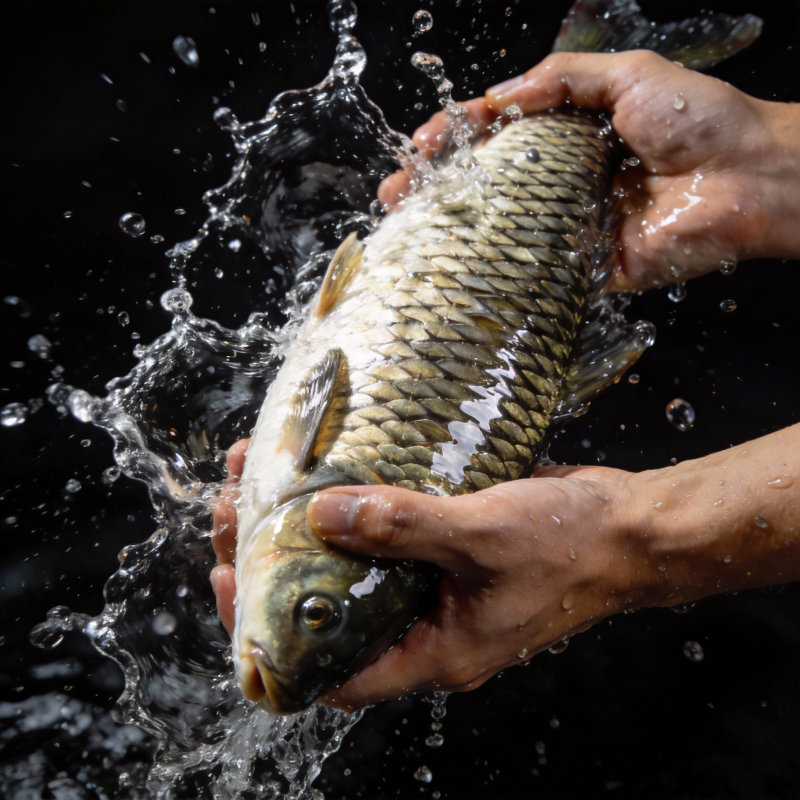 双手捧鱼 水花四溅图片