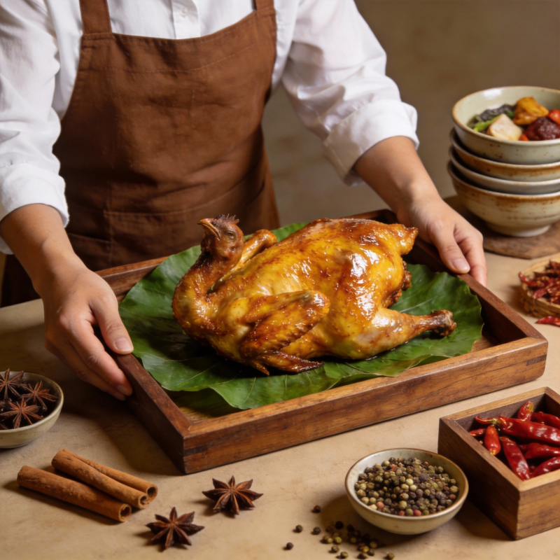 金黄烤鸡 香料环绕图片