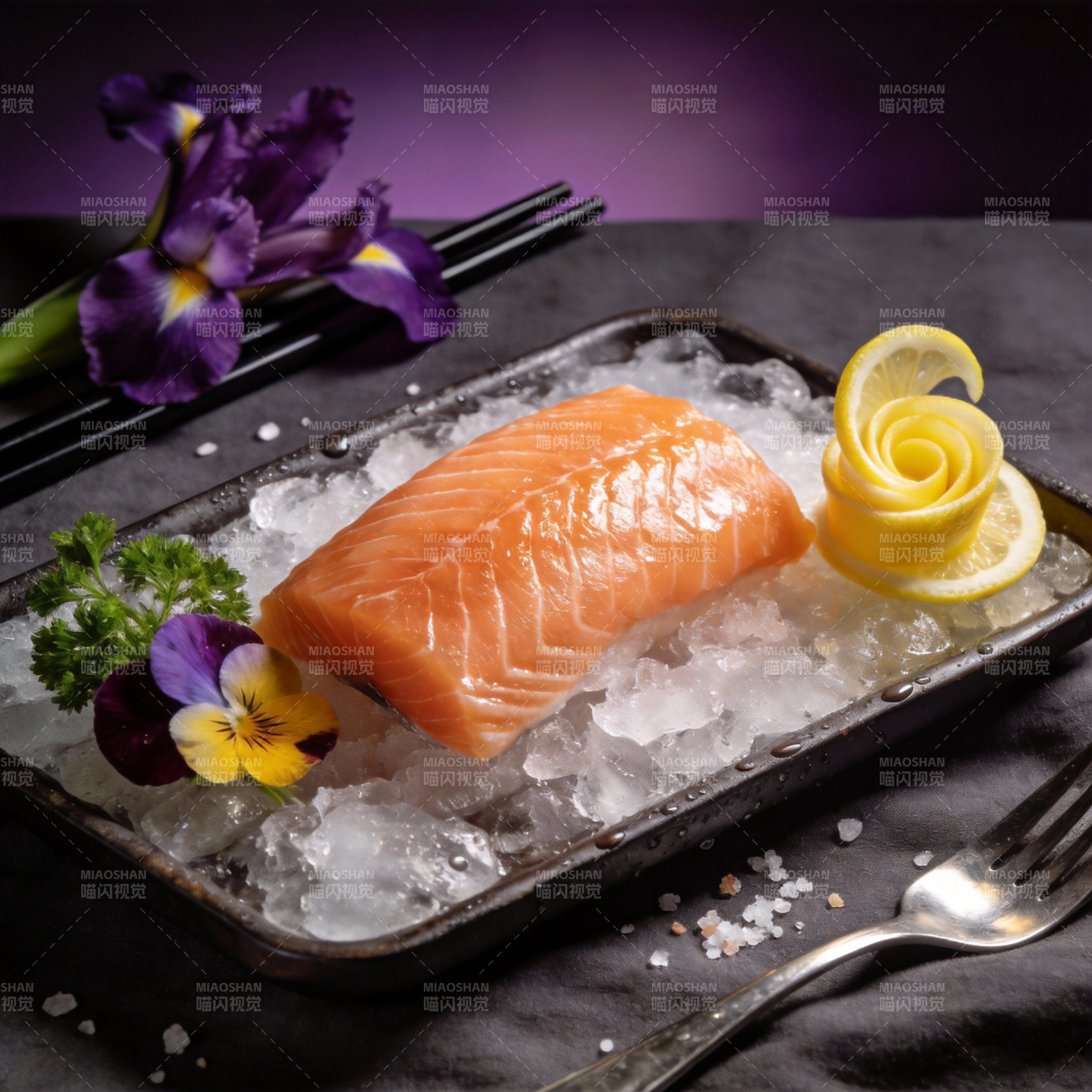 冰镇三文鱼配柠檬图片