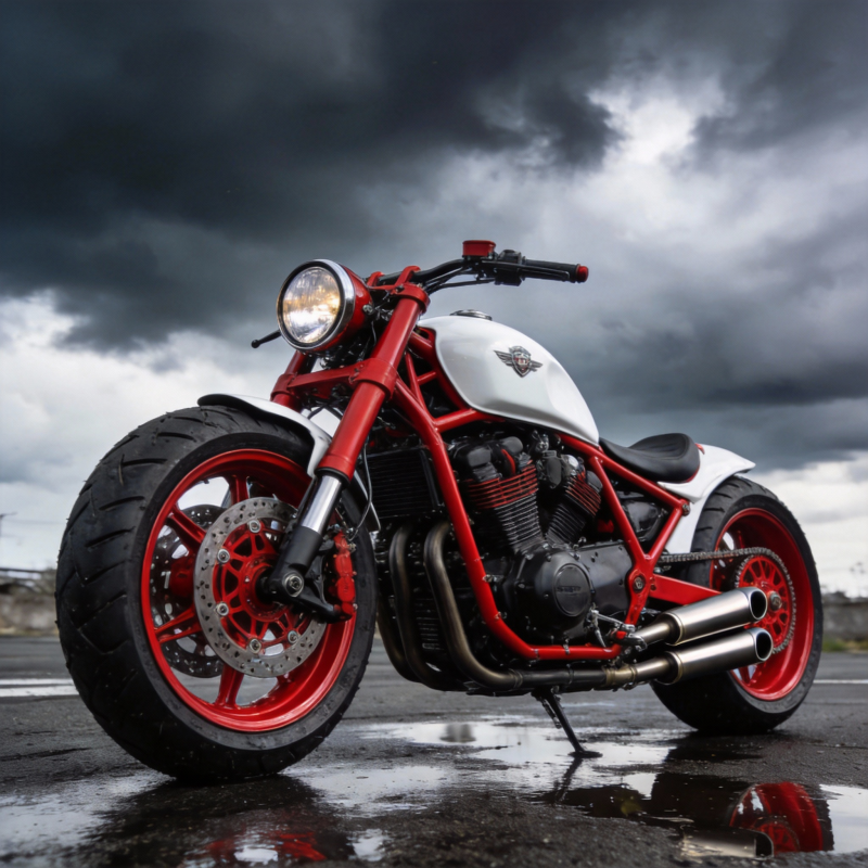 红色机车雨中伫立图片