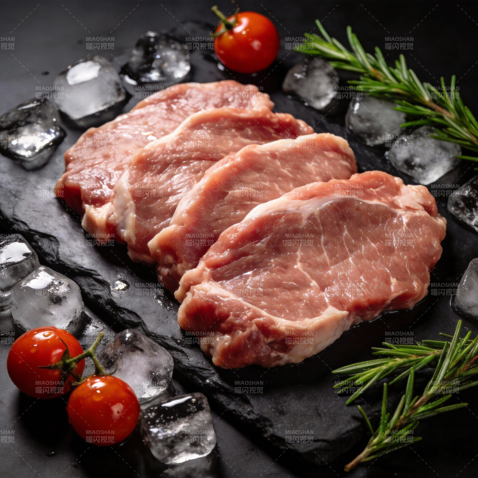鲜嫩猪排配冰块图片