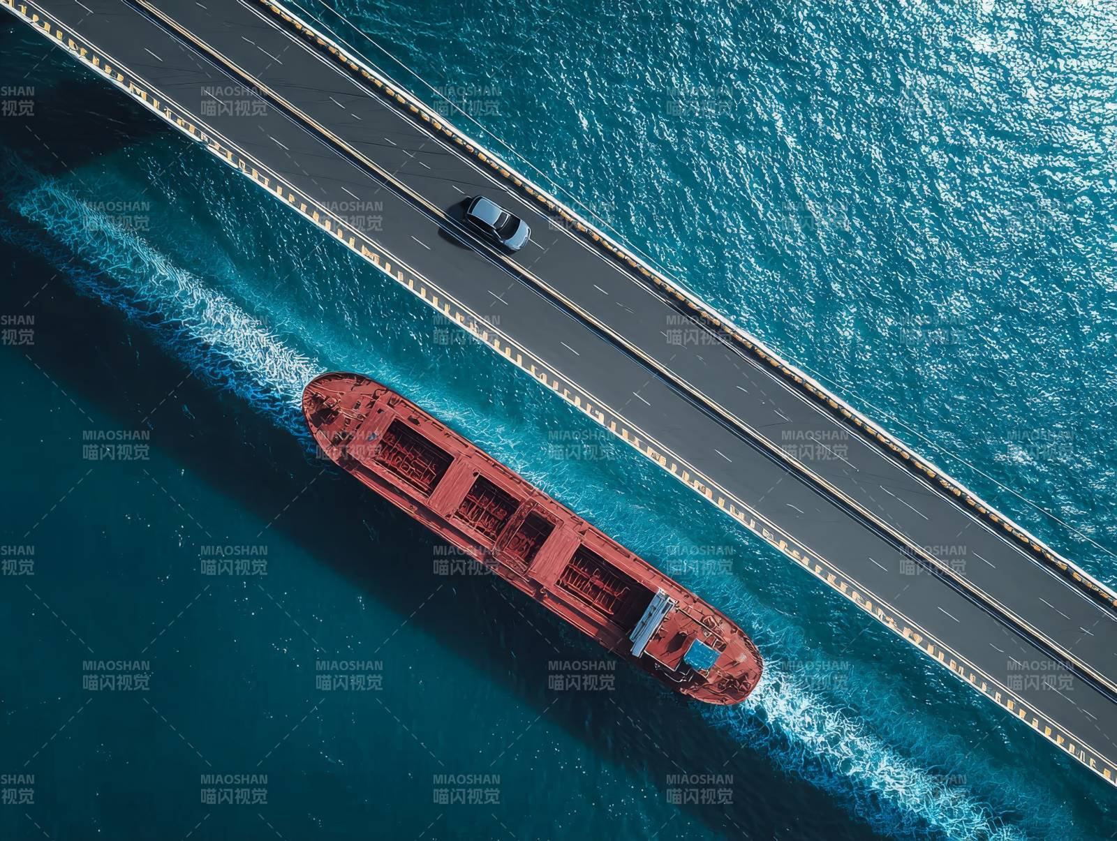 桥上车行 海中船过图片