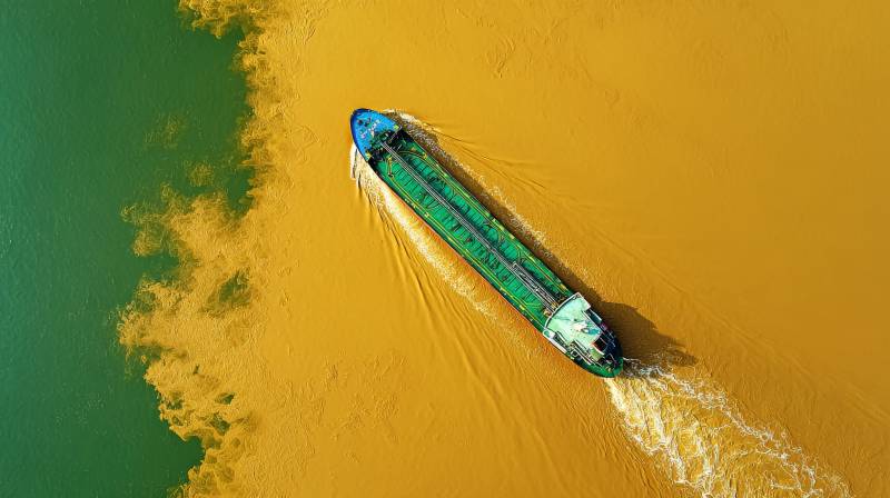 航船穿行黄绿交界图片