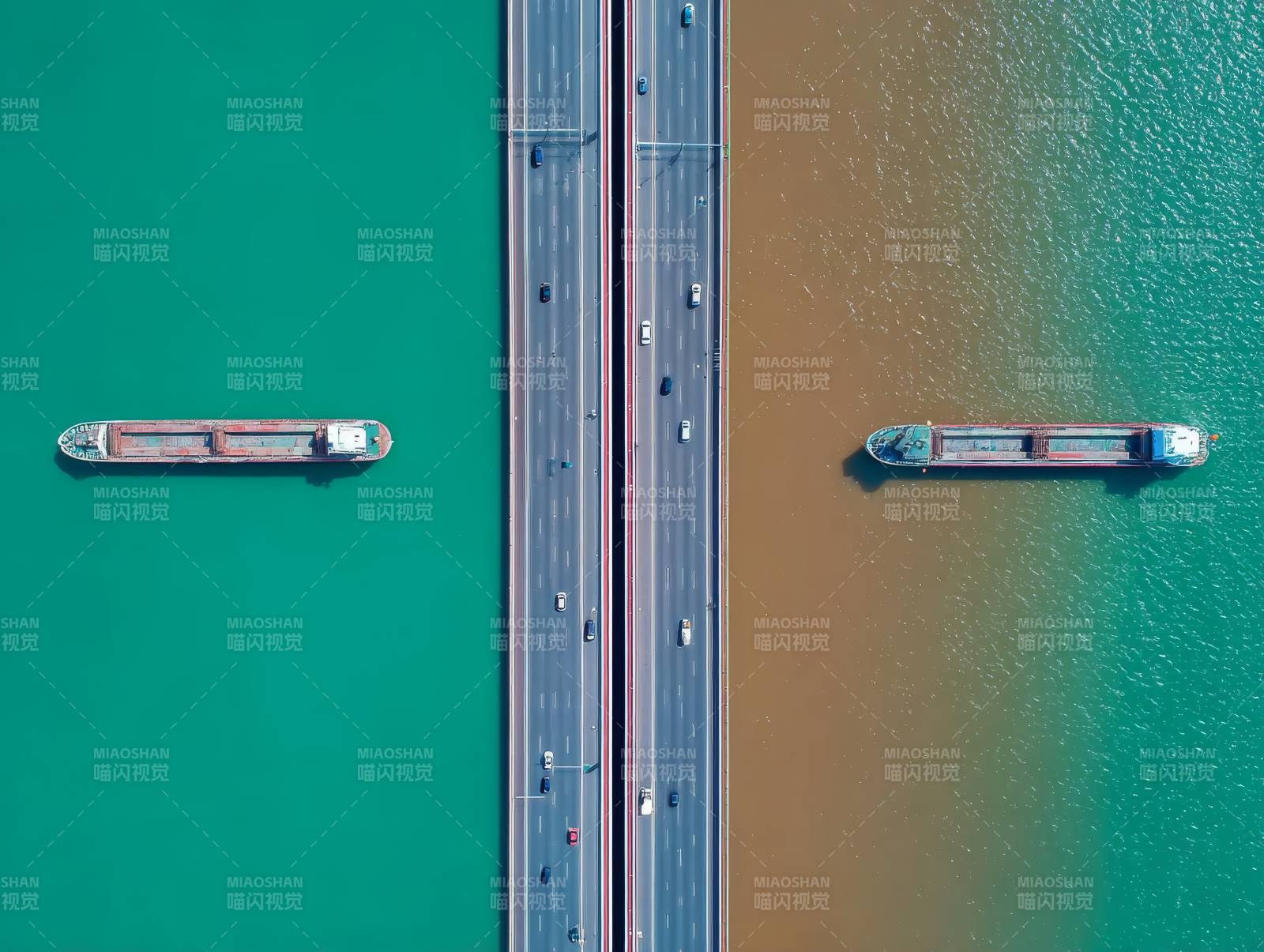 双色江河上的桥与船图片