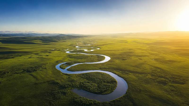 蜿蜒河流绿野间图片