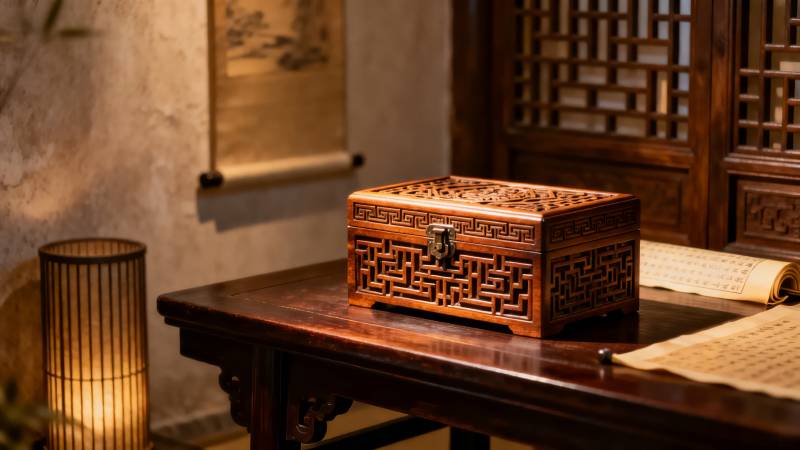 古韵木盒静置案上图片