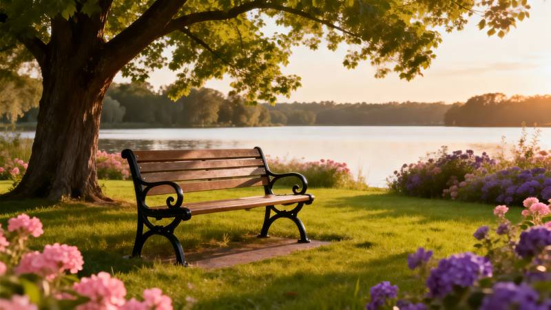 湖畔静谧长椅图片