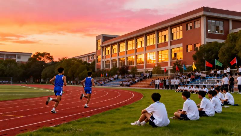 校园跑道夕阳时图片