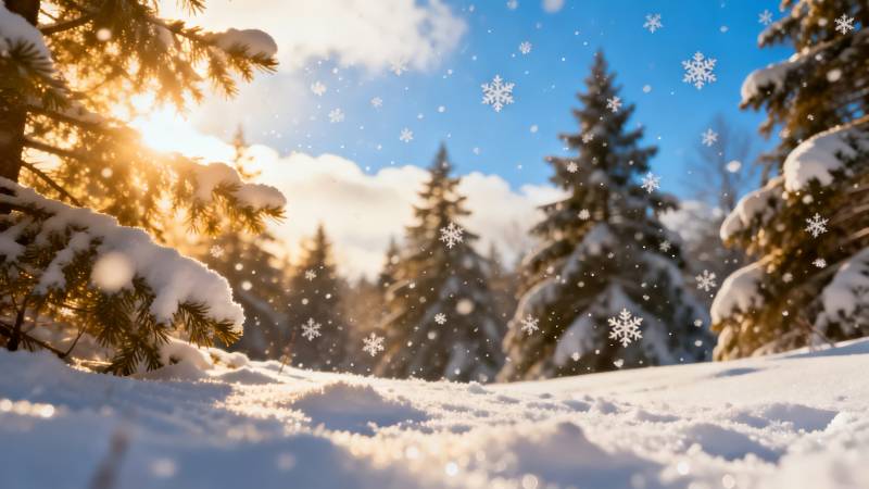 雪落松林 冬日暖阳图片