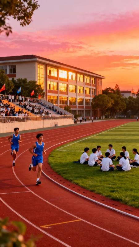 夕阳下的校园跑道图片