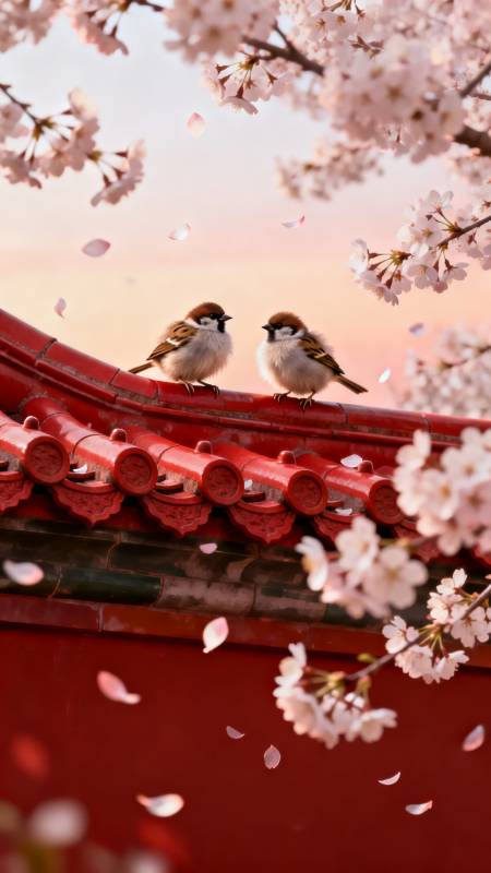 樱花下的小鸟图片