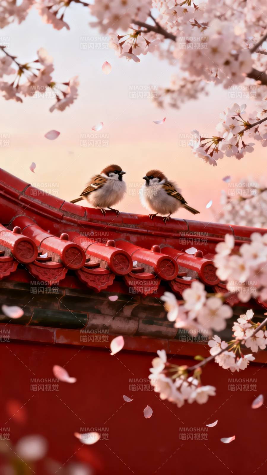 樱花下的小鸟图片