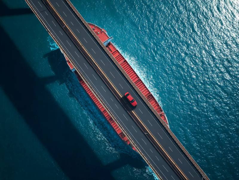 桥上红车过海图片