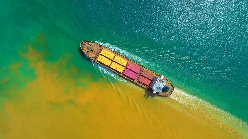 货轮穿行碧海黄沙图片