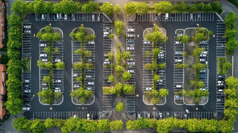 俯瞰停车场绿树成荫图片