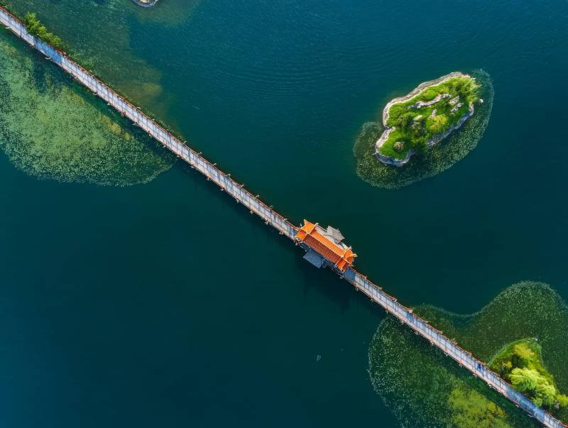 湖上长桥连绿岛图片