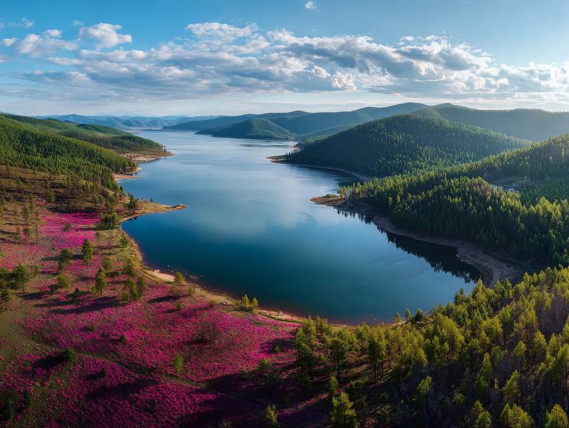 湖畔花海映青山图片