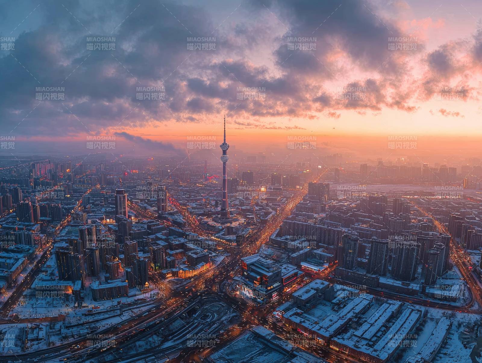 雪城暮色塔影图片