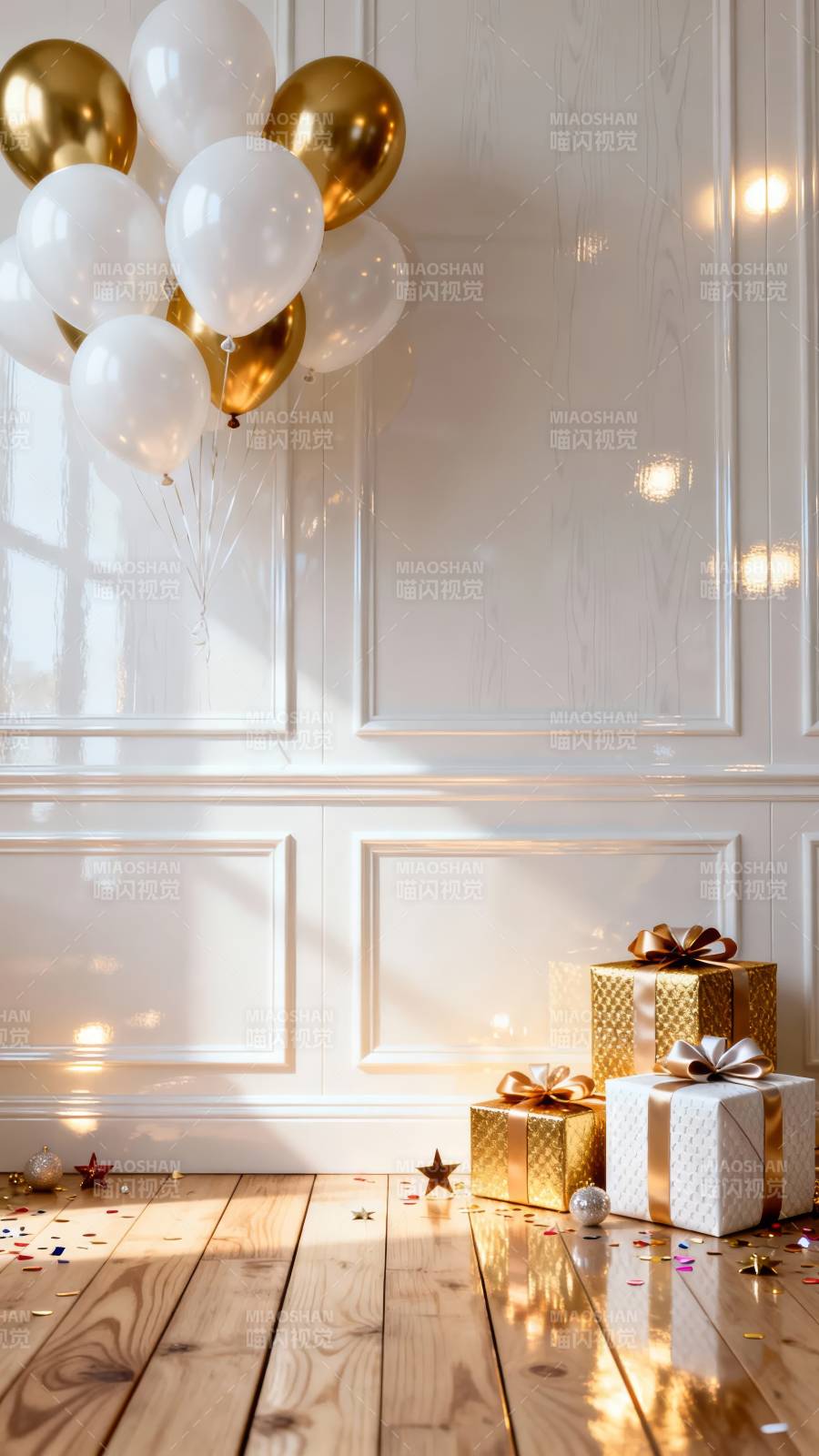 金色礼盒与气球图片