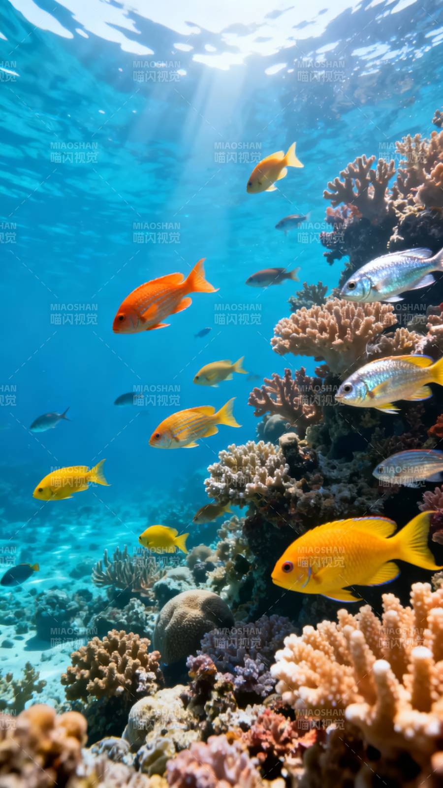 珊瑚礁鱼群游弋图片