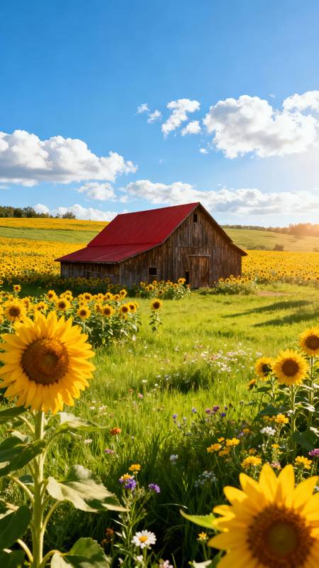 向日葵田中的红顶小屋图片