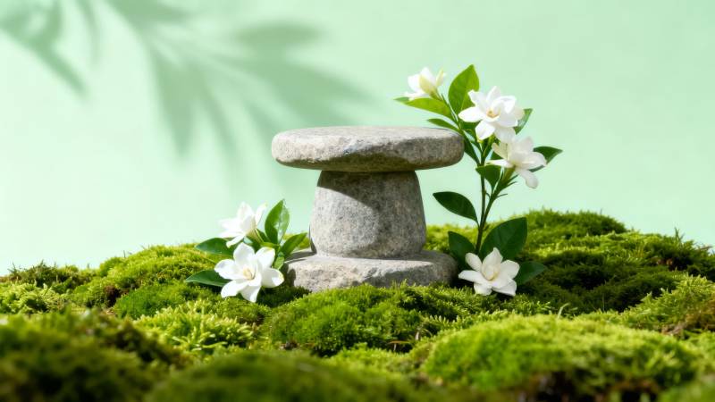 石凳花影 绿意盎然图片