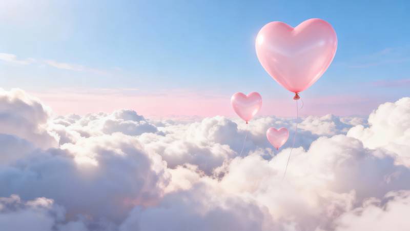 心形气球飘云间图片