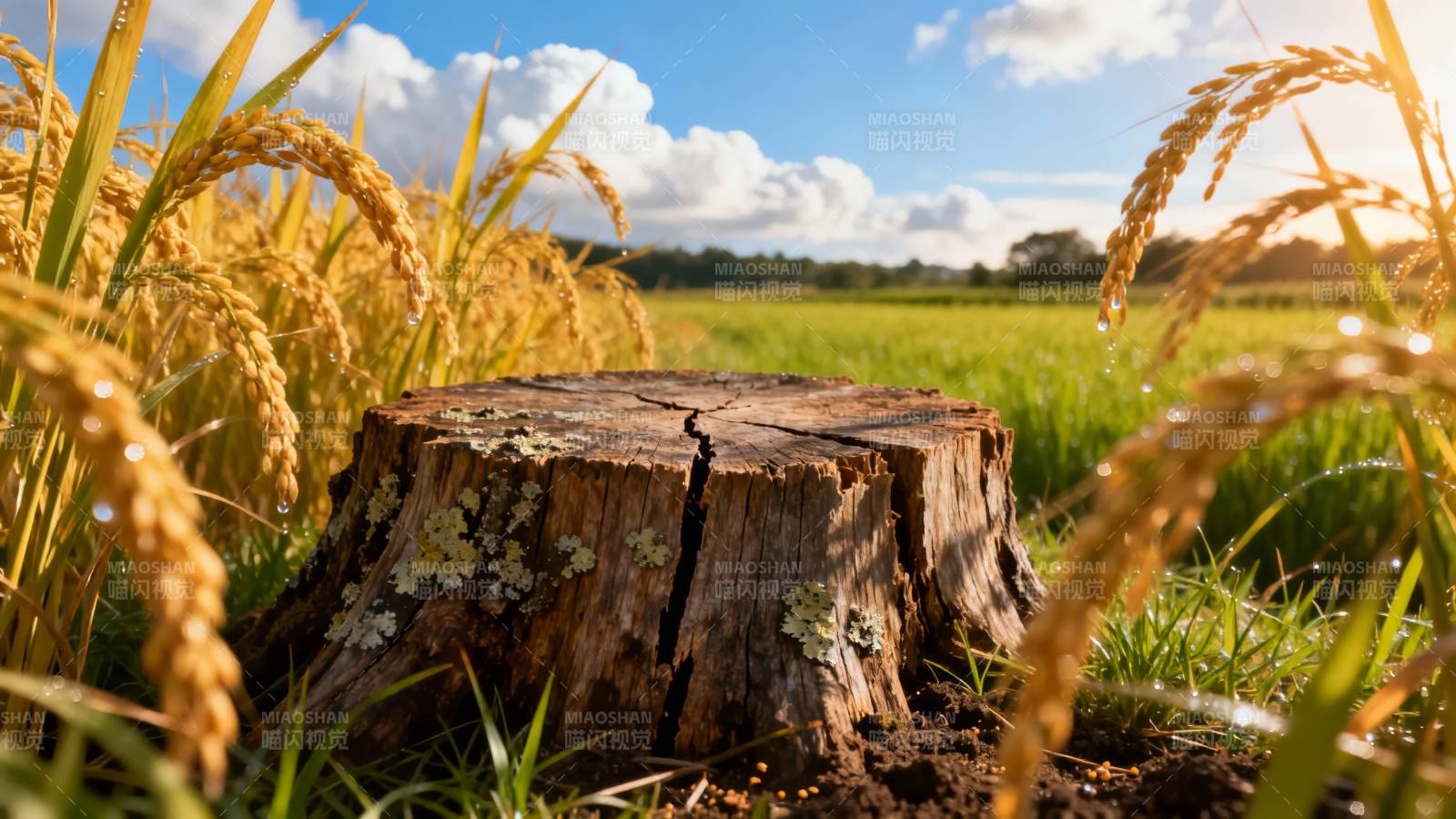 麦田中的树桩图片