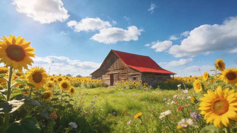 向日葵田中的木屋图片