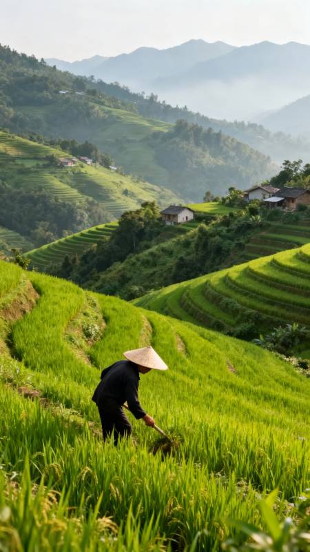 梯田劳作图图片