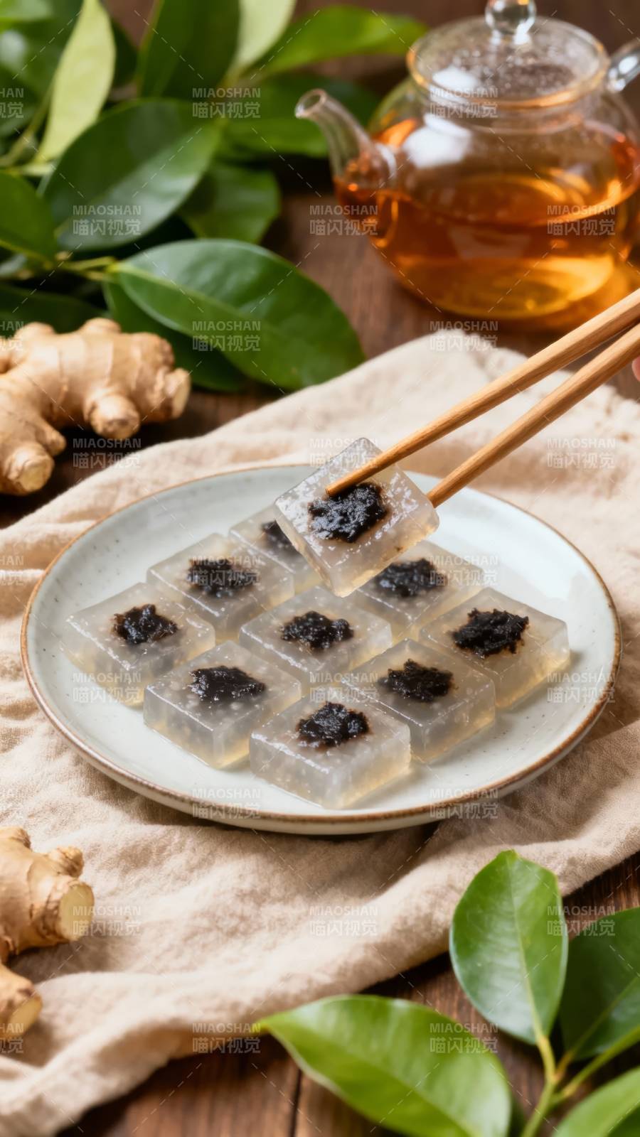 茶香果冻配姜叶图片