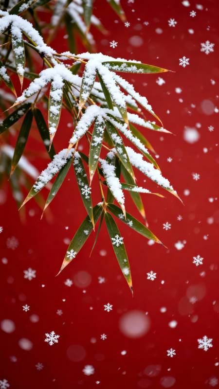 雪落竹枝红背景图片