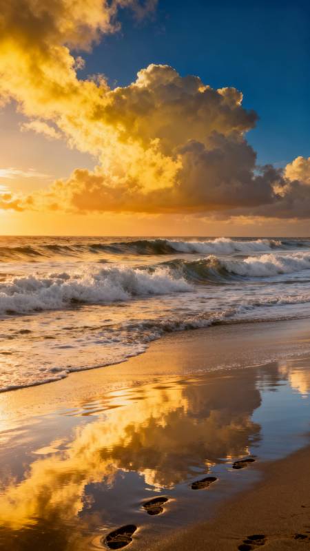 夕阳海滩倒影图片