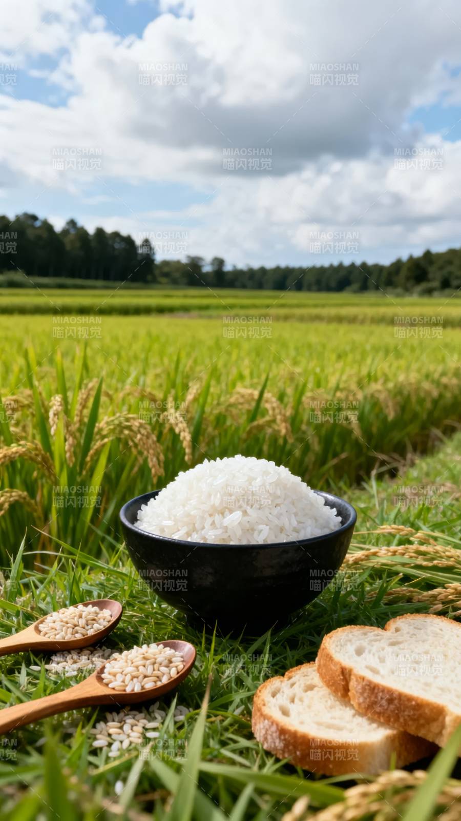 稻田里的米饭与面包图片