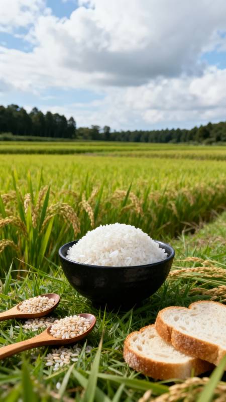 稻田里的米饭与面包图片