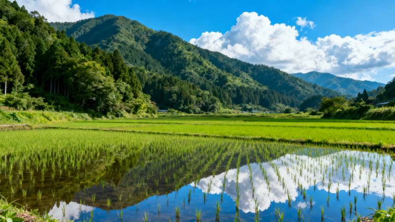 青山绿水映稻田图片