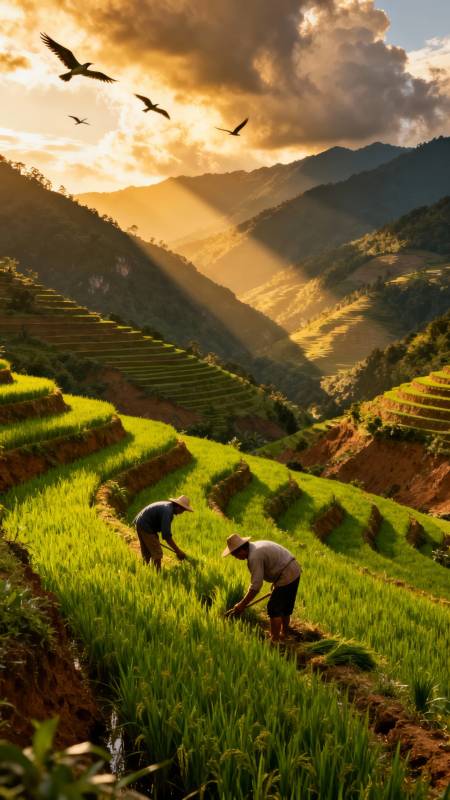 梯田劳作夕阳下图片