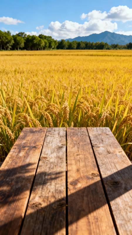 金秋稻田木桌景图片