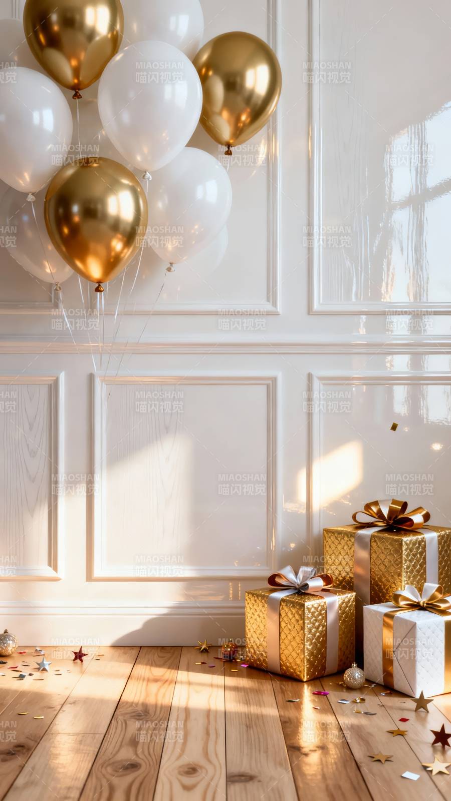 金色气球与礼盒图片