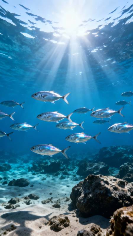 阳光下的鱼群图片