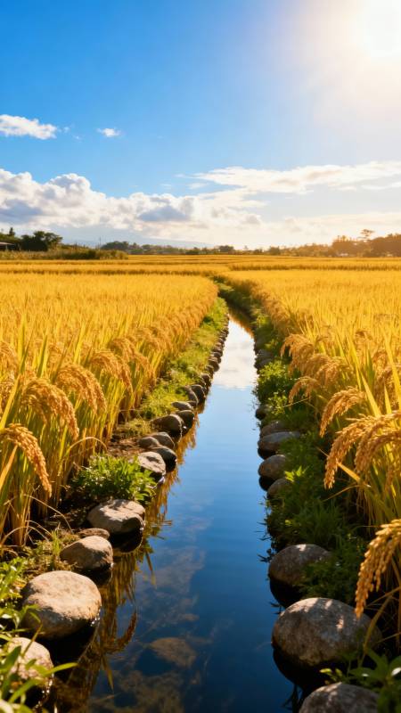 金秋稻田水渠景图片