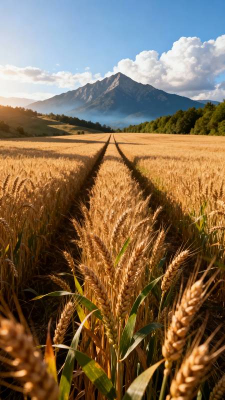 金麦田与远山图片