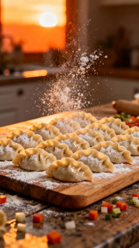 手工饺子飘雪图图片