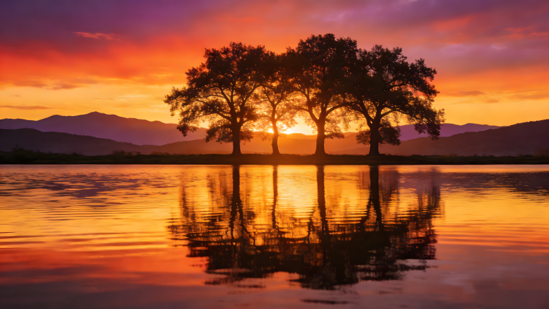 湖畔夕照树影图片